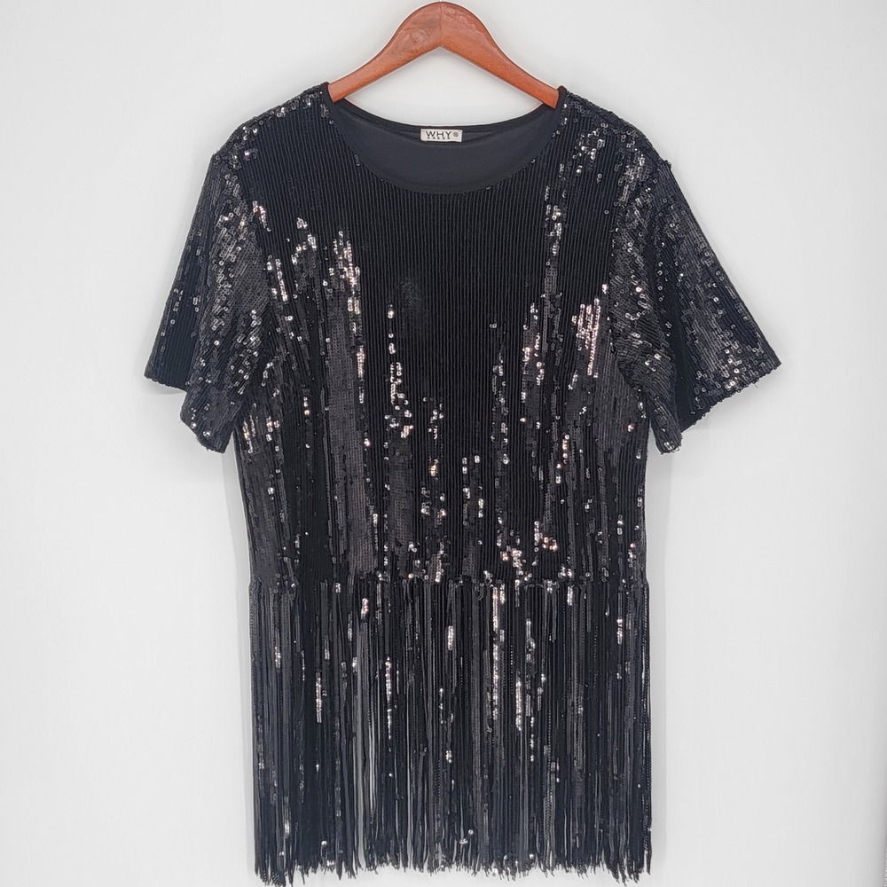 Why Dress Black Sequin Fringe Short Sleeve Top XXL Party Cocktail Holiday